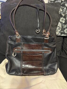 Brighton Black Leather Shoulder Bag with Brown Croc-Accent